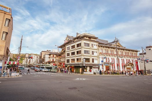 KYOTO, JAPAN - MAY 15 2019: Architecture at the intersection of Shijo-dori and Kawabata-dori near Keihan Railway Gion-Shijo station during the day in Kawabatacho, Higashiyama district in Kyoto, Japan