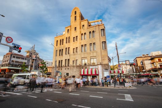 KYOTO, JAPAN - MAY 15 2019: Architecture at the intersection of Shijo-dori and Kawabata-dori near Keihan Railway Gion-Shijo station during the day in Kawabatacho, Higashiyama district in Kyoto, Japan
