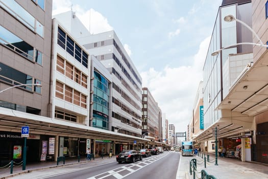 KYOTO, JAPAN - MAY 14, 2019: Modern streetscape during the day in Kyoto, Japan