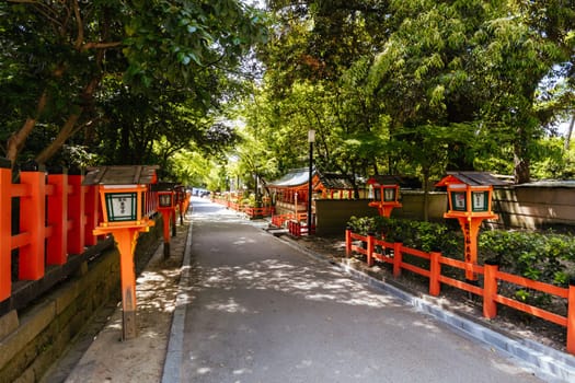 KYOTO, JAPAN - MAY 17, 2019: Beautiful traditional streetscape around Shirakawa Lane during the day in Higashiyama district in Kyoto, Japan