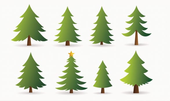 A digital illustration of eight pine trees, rendered in a simple, flat style. The trees have green foliage and brown trunks and are arranged in two rows of four. A yellow star is on top of one tree.