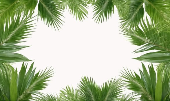 Green palm leaves surround a white background, creating a natural frame.