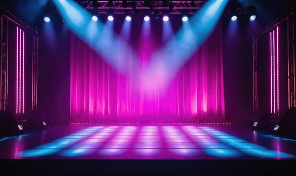 An empty stage is illuminated by spotlights. The stage is covered with a dance floor, and there are curtains in the background. The spotlights are a bright blue and pink.