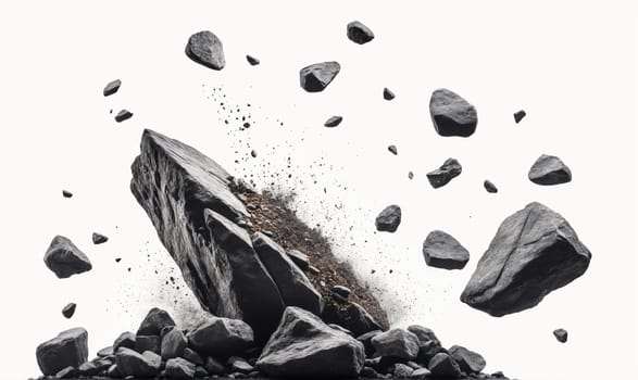 A large, angular rock has broken apart, with numerous smaller rocks flying through the air. The larger rock has landed on the ground, with the smaller rocks scattered around it.