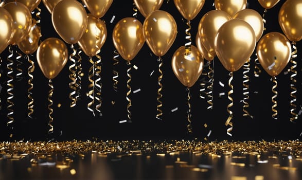 A collection of gold balloons with curling ribbons hangs in front of a black background. The balloons are floating downwards, with confetti falling from above