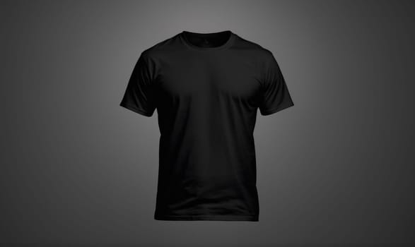 A black t-shirt with short sleeves and a round neckline is shown against a gray background.