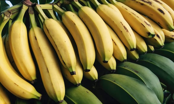 A group of yellow bananas are stacked on top of green leaves.
