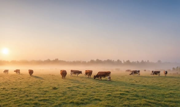 A group of cows are grazing in a large, grassy field. The sun is rising in the background, casting a warm light over the scene