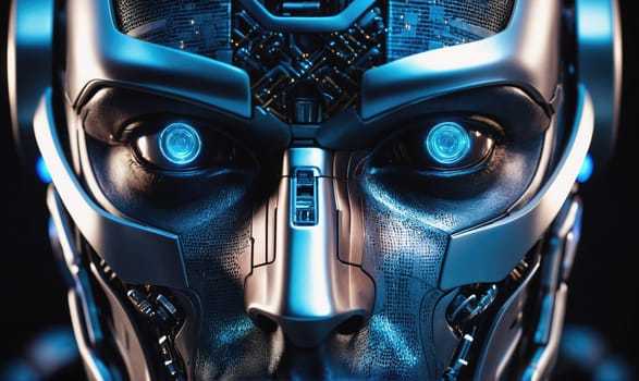 A close-up view of a robot's face. The robot's eyes are glowing blue, and the metallic exterior of its face is visible.