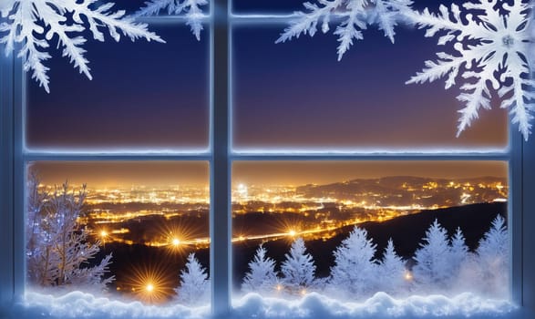 A close-up view of a window with frost and snowflakes on the glass. The window overlooks a snowy landscape, revealing a city in the distance with many lights illuminated against the dark sky.