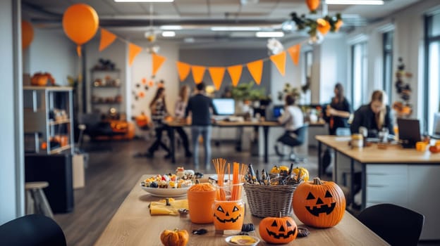 A vibrant and lively office adorned with colorful Halloween decorations, pumpkins, tasty treats, and festive joy