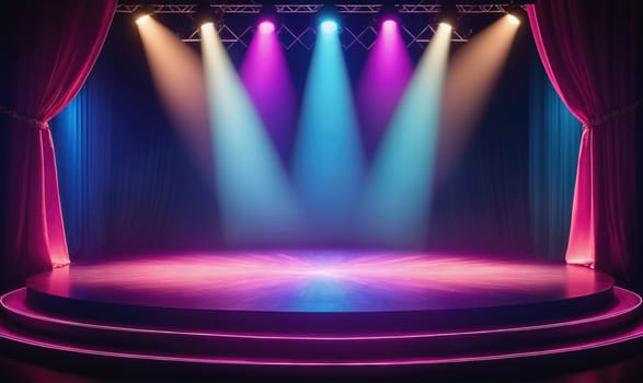 A stage is lit with four spotlights that cast a blue and pink glow on the stage. The stage has a tiered platform and the red curtains on either side are pulled back slightly to reveal a dark backdrop.