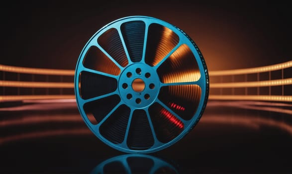 A single blue film reel is on a dark surface with a slightly blurred background of orange film strips. The film reel has a reflective surface.