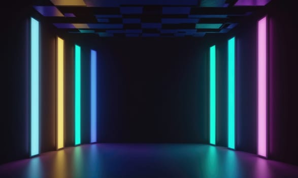 A dark room is lit by a series of vertical neon lights of different colors. The lights cast a colorful glow on the reflective floor, creating a sense of depth and dimension.