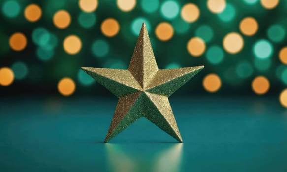 A five-pointed, gold glitter star sits on a teal surface. The background is a blurred image of a series of green and orange circles of light.