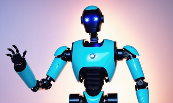 A blue and black robot stands with its left arm outstretched in front of a blurred, light purple background. Its blue eyes glow and its torso is made of smooth, shiny plastic.