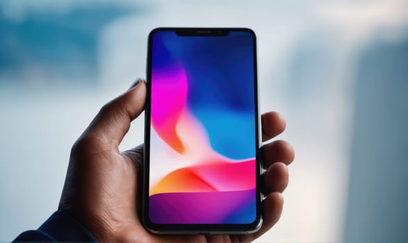 A person's hand is holding a smartphone. The phone has a bright, colorful abstract wallpaper with shades of blue, pink, and orange. The background is blurred, but you can see a pale blue wall.