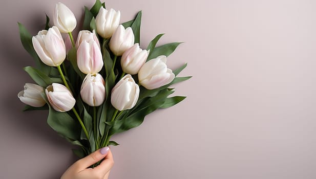 Bouquet of white tulips in a hand on a gray background