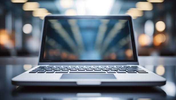 Modern laptop on table in blurred background, technology concept