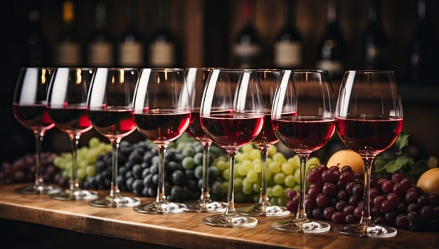 Glasses of red wine with grapes on wooden table