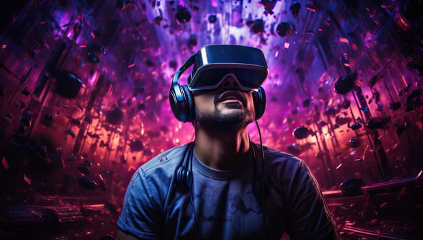 Immersed in VR,  Man Explores a Vibrant Digital World