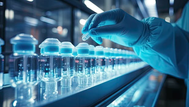 Pharmaceutical Research,  Scientist Examines Vials on Production Line