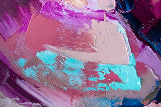 An abstract artwork displays a mix of bold colors, including pinks, purples, and turquoise, showcasing dynamic brush strokes and textures typical of palette knife techniques.