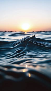 The sun sets over the horizon, casting warm hues on the tranquil ocean surface, where gentle waves undulate, and a droplet emerges playfully - Generative AI
