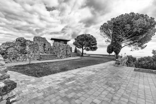 Castle ruins at Castelmola, Sicily, Italy. Black and white
