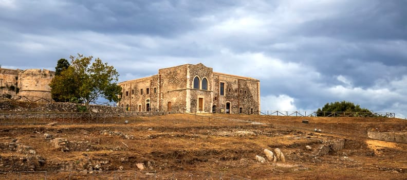 Panoramic view of Benedictine convent inside at Castle of Milazzo, Sicily. 