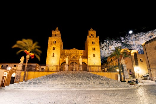 Night view of Cefalu cathedral in Sicily, Italy