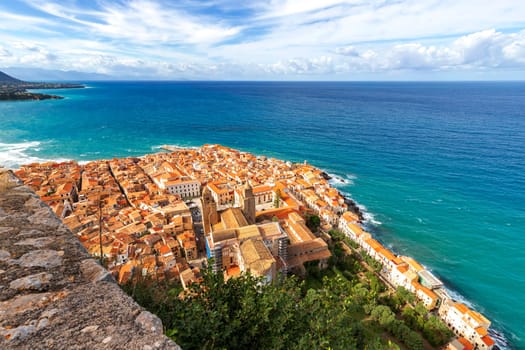 View above to medieval village Cefalu of Sicily island, Italy