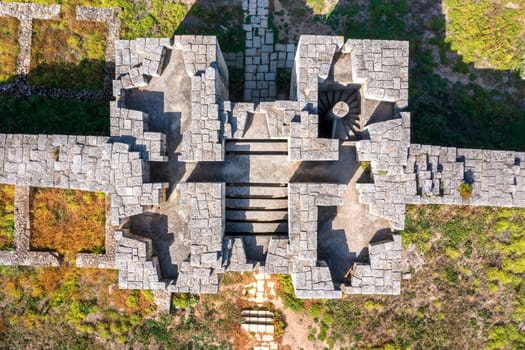 Aerial top view of the tower of Ancient fortress Veliki Preslav, Bulgaria