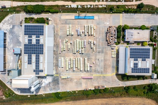 Aerial view of new stock production at the factory parking lot. 