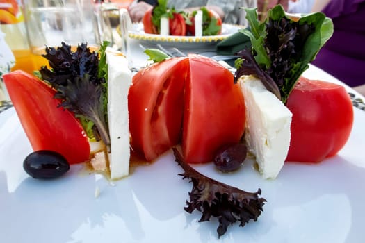 Art view of traditional Italian Caprese salad on the plate. Close view. 