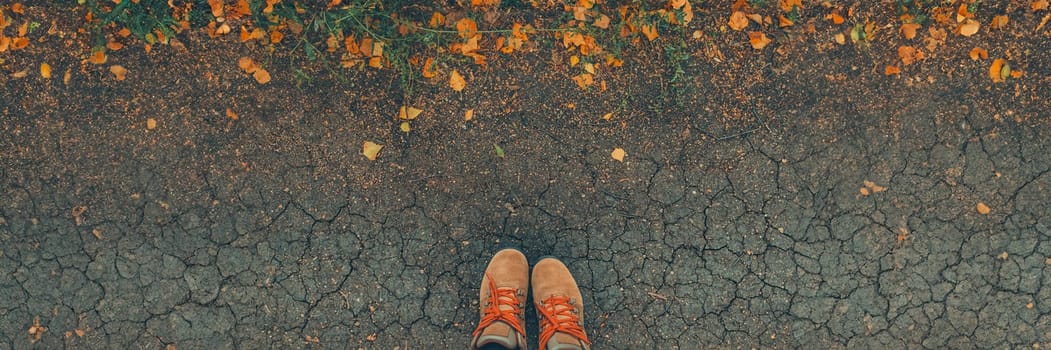 Banner of casual unisex boots with bright laces and colorful autumn fallen leaves. Toned. Autumn fall scene. Legs in boots on dry earth and autumn leaves. Lifestyle Fashion trendy style. Top view. Copy space.