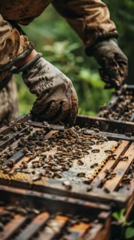 A beekeeper gently tends to bee hives in a lush environment, his gloves covered in pollen and propolis. His dedication to the craft shines through the image