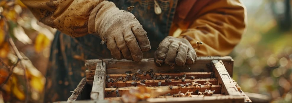 A beekeeper gently tends to bee hives in a lush environment, his gloves covered in pollen and propolis. His dedication to the craft shines through the image
