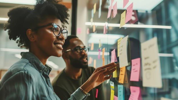 Board room, business, office, colleagues businesspeople planning, brainstorming with sticky notes for ideas, woman and man making note, sets task for company growth