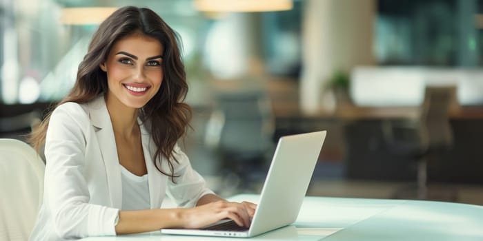 Beautiful happy successful young businesswoman working on a laptop, smiling woman entrepreneur sitting in the office