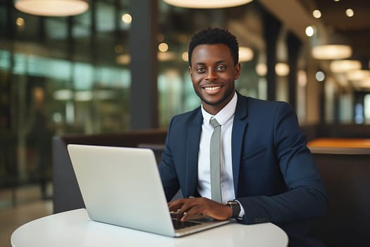 Happy successful African young businessman working on a laptop, smiling black male entrepreneur sitting in a cafe