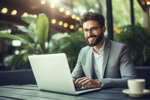 Happy successful young businessman working on a laptop, smiling male entrepreneur sitting in a cafe