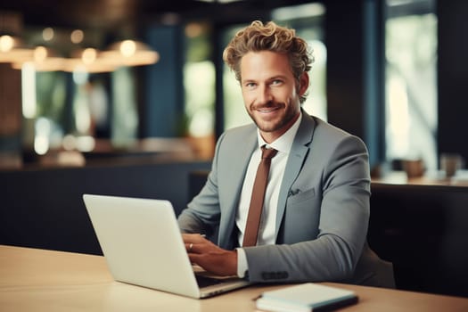 Happy successful young businessman working on a laptop, smiling male entrepreneur sitting in a cafe