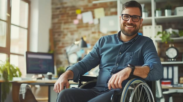 Happy smiling disabled employee man sitting in a wheelchair working at workplace in modern office