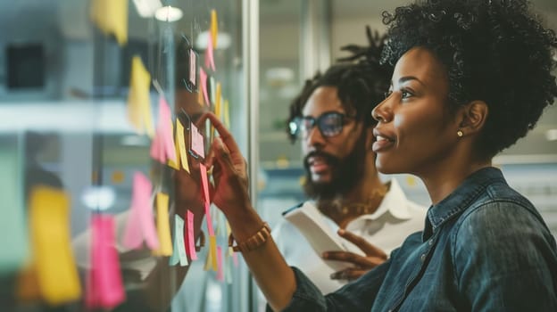 Board room, business, office, colleagues businesspeople planning, brainstorming with sticky notes for ideas, woman and man making note, sets task for company growth