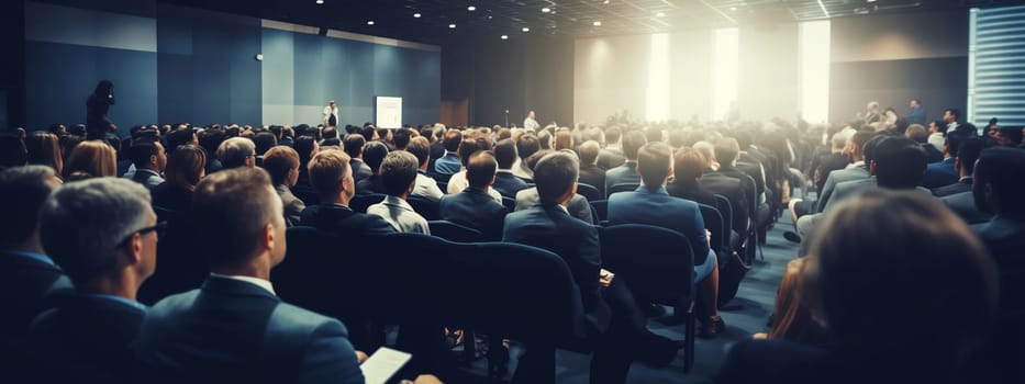 Rear view of crowd of business people sitting in conference hall at a seminar, official meeting, people in business formal clothes listening to a speech
