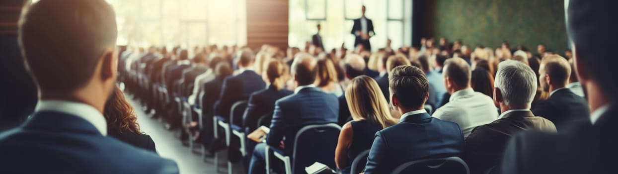 Rear view of crowd of business people sitting in conference hall at a seminar, official meeting, people in business formal clothes listening to a speech