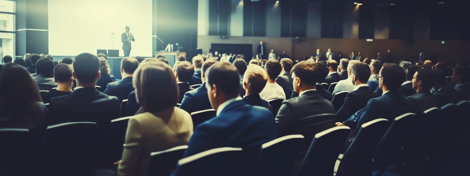 Rear view of crowd of business people sitting in conference hall at a seminar, official meeting, people in business formal clothes listening to a speech