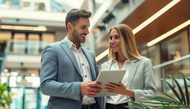 Two colleagues business people woman and man holding digital tablet computer together discussing a new project standing in the office wearing business suit