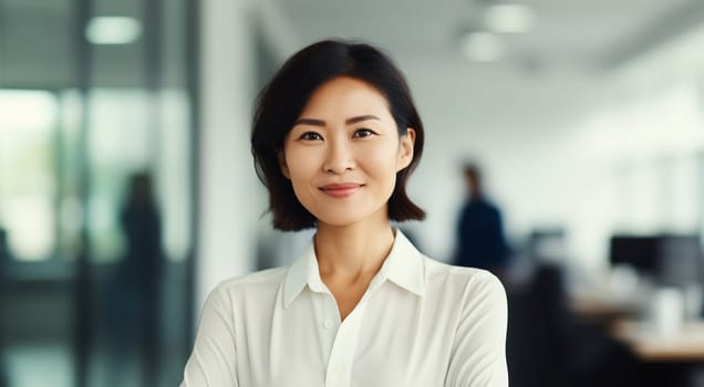 Portrait of confident happy smiling Asian businesswoman standing in the office, female entrepreneur wearing white shirt and looking at camera